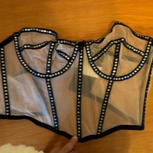 Sheer Black Rhinestone Trim Corset Top